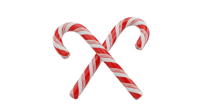 Two red and white striped candy canes crossed isolated on transparent background