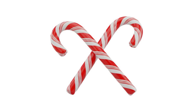 Two red and white striped candy canes crossed isolated on transparent background