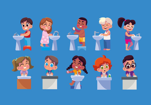 Colorful Kids Washing Hands Hygiene Illustrations Set