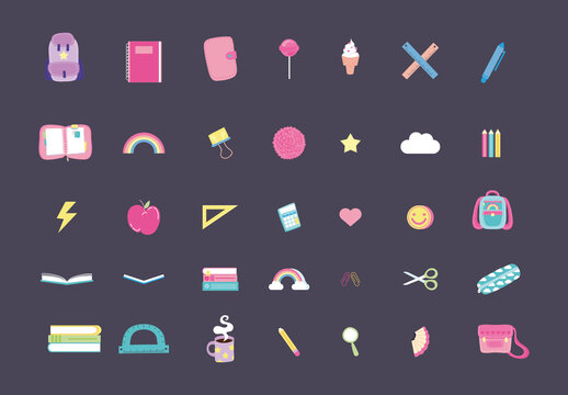 Colorful Cute School Supplies Illustrations Set