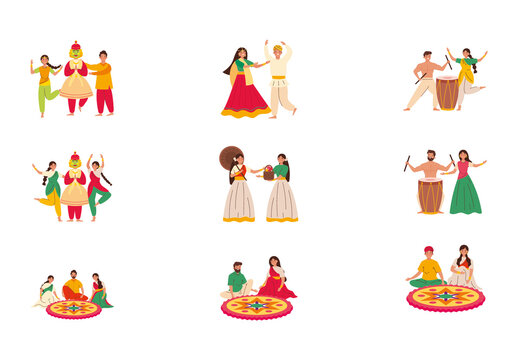 Colorful Onam People Celebration Illustration Set