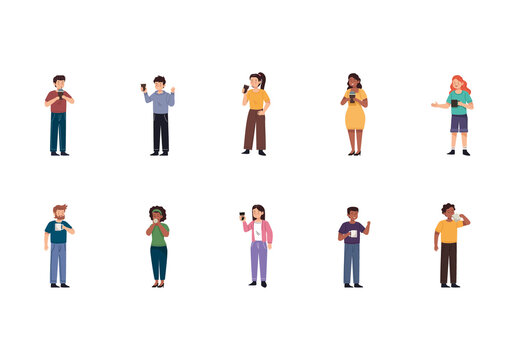 Colorful People Drinking Coffee Illustrations Set
