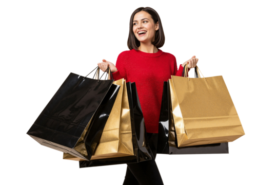 Happy woman in red sweater holding multiple black and gold shopping bags - Powered by Adobe