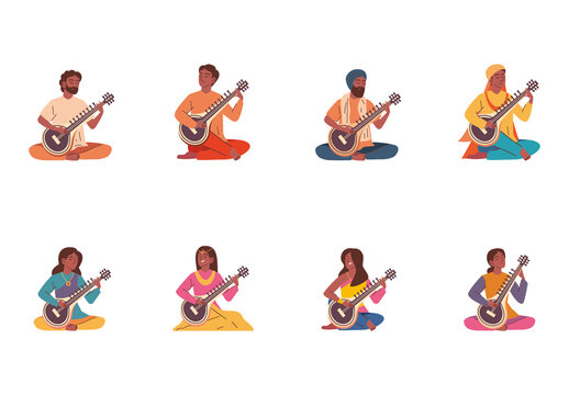 Colorful Playing Sitar Traditional Illustration Set
