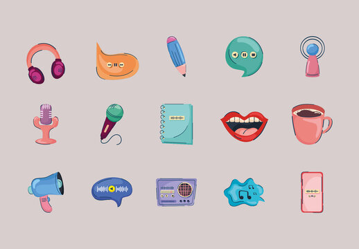 Colorful Podcast Microphone Audio Illustration Set