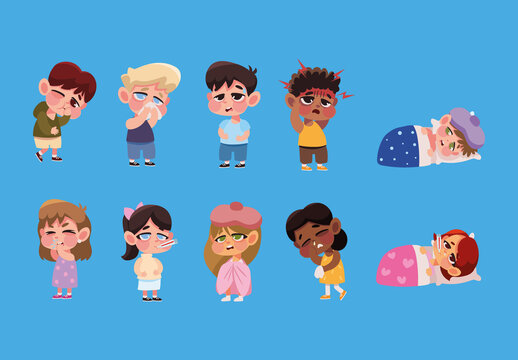 Colorful Sick Child Illustration Set