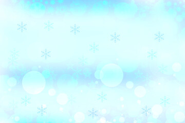 Abstract blurred festive delicate winter christmas or Happy New Year background texture with shiny light turquoise blue and bright bokeh lighted stars and snowflakes. Card concept.