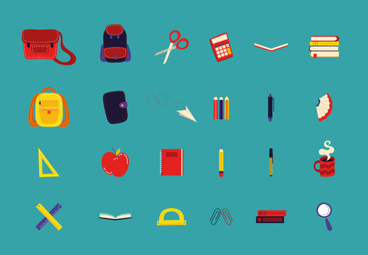Colorful School Education Stationery Illustrations Set