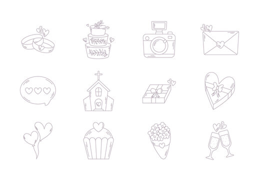 Gray Wedding Love Romantic Sketch Icons Set