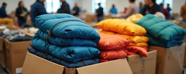 Brightly colored winter jackets are stacked in boxes ready for donation. Volunteers sort apparel for charity to provide warmth and comfort for people in need during cold weather.