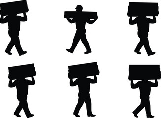 WebManual labor silhouettes, workers carrying boxes, industrial movement, ergonomic posture study, black figures walking, helmet safety, transportation effort, teamwork motion