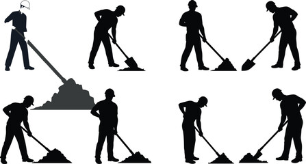 WebConstruction workers shoveling, black silhouettes in motion, manual labor effort, hard hats visible, dirt excavation, industrial posture study, work scene illustration