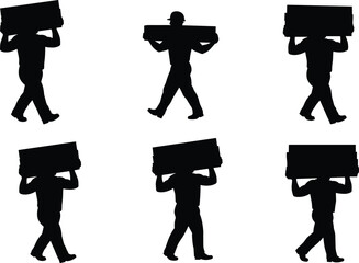 Silhouettes of workers carrying heavy boxes, manual labor, industrial movement, occupational safety, human motion, black figures on white background