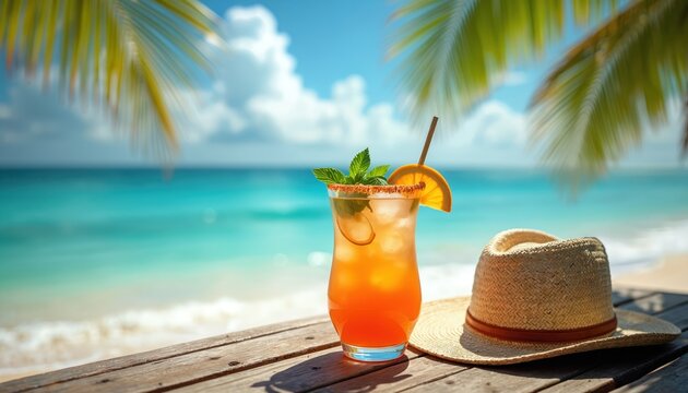 Refreshing tropical cocktail with orange slice, mint leaves, straw hat on rustic wooden table. Sunny sea beach background, clear turquoise ocean, blue sky, green palm tree leaves create perfect