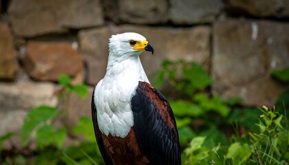 An African bird of prey, with white chest and head, rests in front of a stone wall and green foliage. The bird's eye and beak are visible