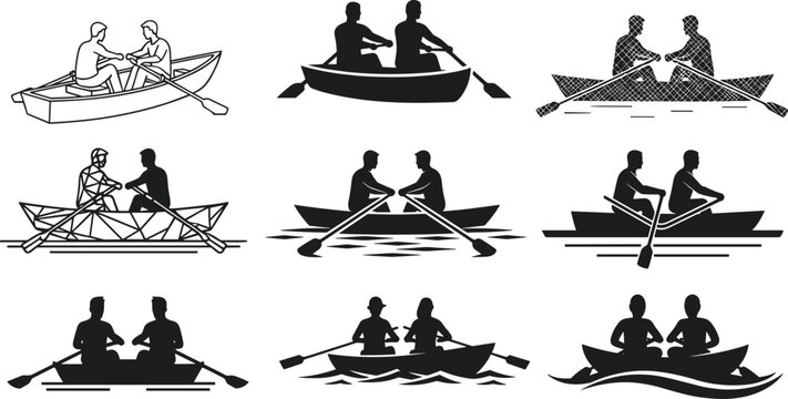 Rowing boat silhouettes, synchronized athletes, aquatic sport teamwork, competitive rowing , 