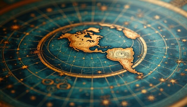 Ancient star map shows golden world globe with detailed continents. Intricate lines connect celestial bodies, constellations on blue surface. Mystic background suggests cosmic navigation, astrology,