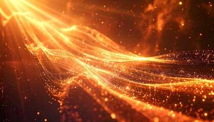 Abstract render featuring flowing, luminous strands and sparkling particles against a dark background. Warm, golden light emanates