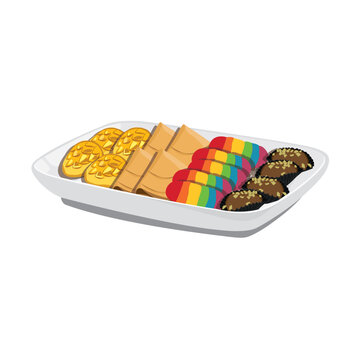 Vector illustration of various Malaysian traditional Eid festive dessert in a plate, tart nenas, kuih kapit, biskut lidah kucing and almond london