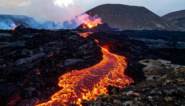 An active volcanic eruption showcasing a river of fiery lava flowing across a hardened, dark, and textured landscape with hills
