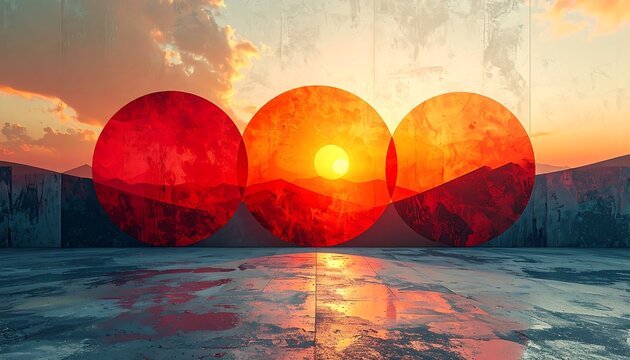 Abstract digital art featuring three overlapping circular shapes with sunset landscapes visible. Silhouettes of distant hills are partially visible - Powered by Adobe