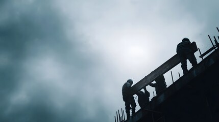 Silhouetted construction workers carry a heavy beam against a dramatic cloudy sky
