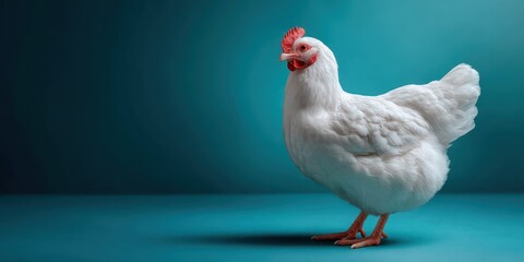 White chicken standing on turquoise background in studio lighting