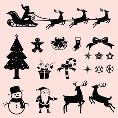 set collections of black Christmas silhouette icons featuring Santa Claus, reindeer, sleigh, Christmas tree, snowman, gifts, bells, and holiday ornaments