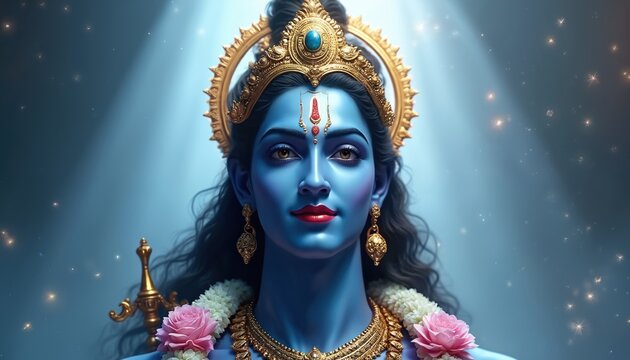 Artistic portrait of Hindu deity Vishnu with blue skin. He wears golden crown jewelry flower garland. Digital illustration features a religious god from India.