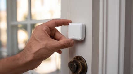 Closeup of an intruder alarm sensor being installed at a residential doorway focusing on securing the home against unauthorized access.