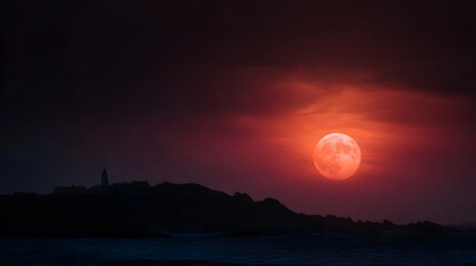 Obraz premium A dramatic red moon or sun illuminates the sky behind a silhouetted lighthouse on a rocky coastline at dusk