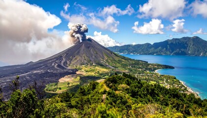 An active volcano erupts on a tropical island, with a plume of smoke rising against a bright blue sky, and a calm sea
