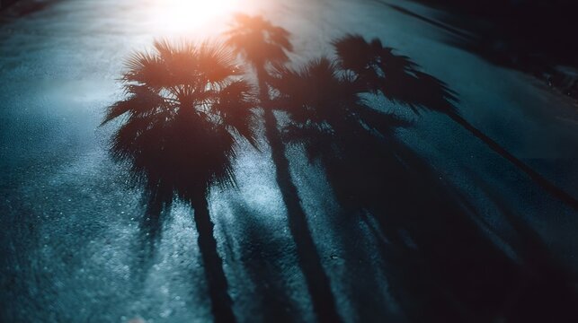 Shadows of palm trees stretch across a wet dark road under a bright warm light at night - Powered by Adobe