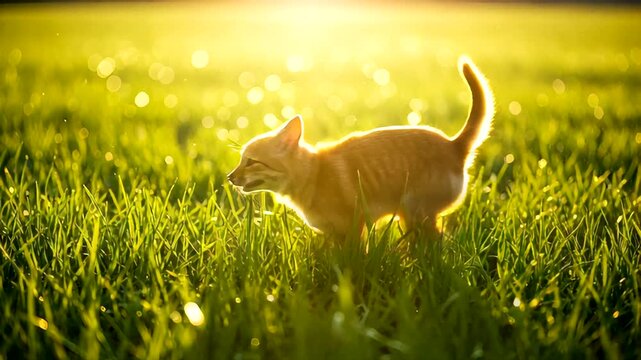 A curious cat exploring a sunlit grassy field during golden hour