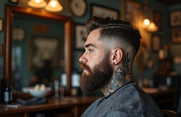 Obraz premium Man with stylish haircut and beard sits in barber shop. Male client in salon cape has tattoos on neck. Barber shop interior with mirror, wooden furniture and decorations.