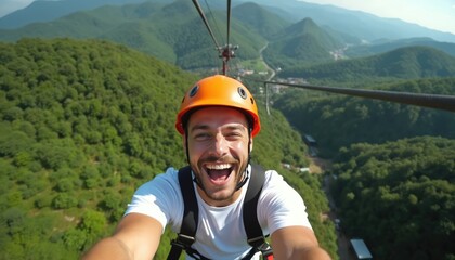Happy man rides zipline over green forest mountains. Adventurous tourist with orange helmet enjoys adventure and activity. He smiles during extreme journey on cable in summer vacation day.