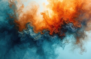 Naklejka premium Abstract watercolor background with orange, blue, teal colors. Swirling liquid paint creates unique textured effect. Artistic design element for creative projects. Colorful illustration with mix of