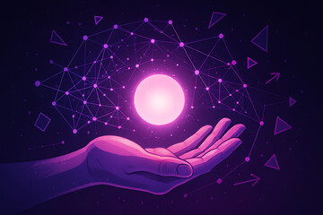 Futuristic concept of human hand presenting digital energy sphere with connected data points and abstract shapes