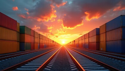 Fototapeta premium Railway tracks lead to colorful cargo freight containers at sunset. Containers are stacked on both sides of tracks. Railroad stretches into distance under vibrant orange and yellow sky with clouds.
