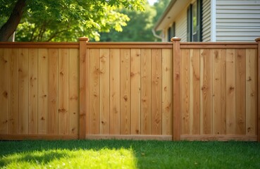 New wooden fence surrounds residential house with green lawn. Fence vertical planks, decorative posts. House white siding, black framed windows. Trees in background. Yard well maintained with rich