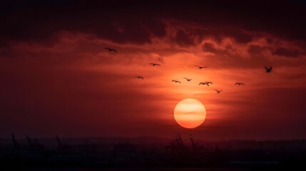 Dramatic sunset with a flock of birds soaring across the sky above a silhouetted industrial port bathed in warm fiery light