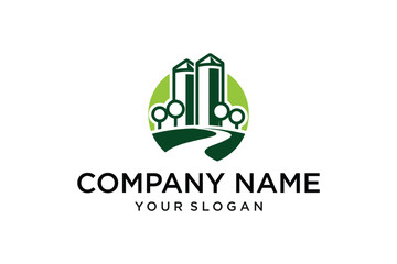 Eco-Friendly Real Estate Logo Design with Green Buildings, Trees, and Winding Path in Circular Shape