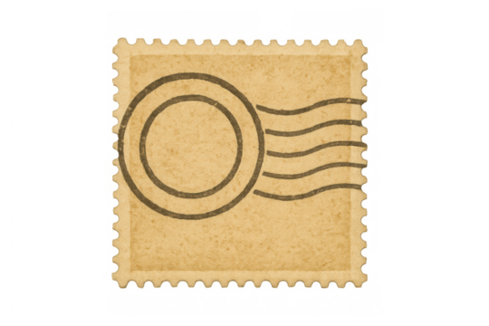 Vintage postage stamp with postal cancellation mark, retro mail communication concept, transparent background