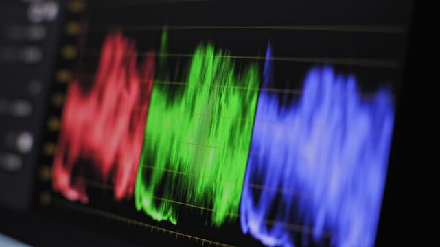 Macro shot RGB waveform display with fluctuating red, green, and blue colors. A pixel grid analyzes a signal during the post-production color correction process on editor software monitoring levels