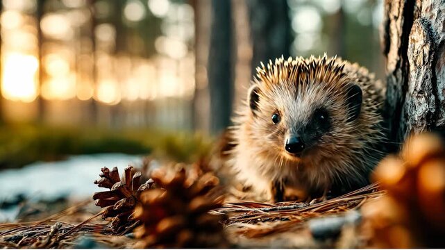 Hedgehog in sunset forest. A hedgehog walks among pine cones in a forest during sunset, surrounded by tall trees and soft light.