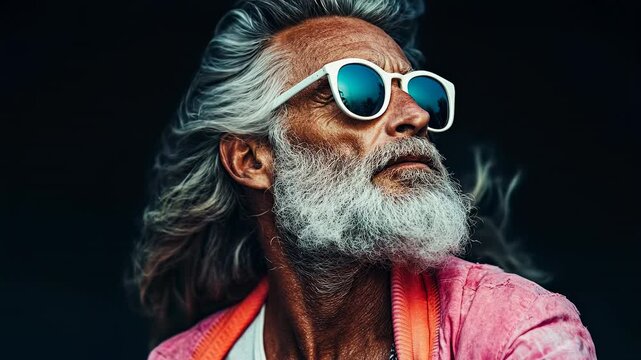 Trendy old man with long hair. An older man with long, flowing hair wears trendy sunglasses and exhibits a confident expression outdoors.