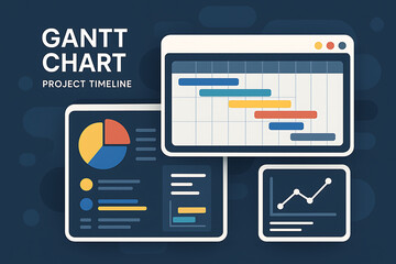 Project timeline visualization with Gantt chart and data analytics dashboard illustration