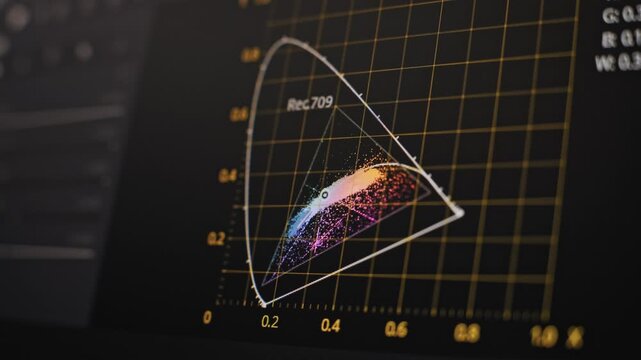 Angled close up of a color scope monitor displaying the Rec 709 color space. The chrominance data trace shifts inside the gamut triangle during a professional post production workflow on software.