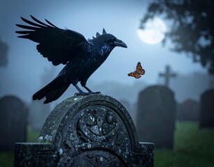 Black raven and a beautiful butterfly on a tombstone in a graveyard at night