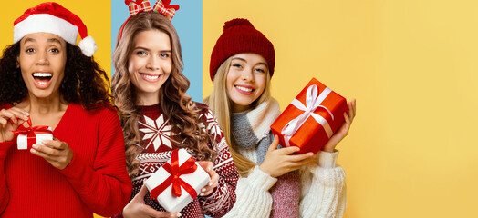 Friends pose happily together, wearing festive outfits and holiday accessories, surrounded by colorful backgrounds. They joyfully hold wrapped gifts, ready to celebrate the New Year.